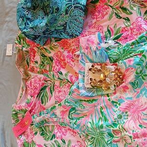 Lilly Pulitzer Pink and Green Shirt, Dress, Hat, and Earrings